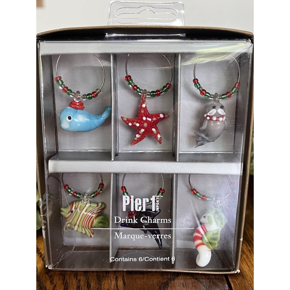 Pier 1 Yule Tides Collection Coastal Whale Walrus Seahorse Wine Charm Set (6)